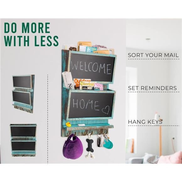 Rustic 2Slot Mail Sorter Organizer for Wall w/Chalkboard Surface & 3 Double Hook - Picture 2 of 6